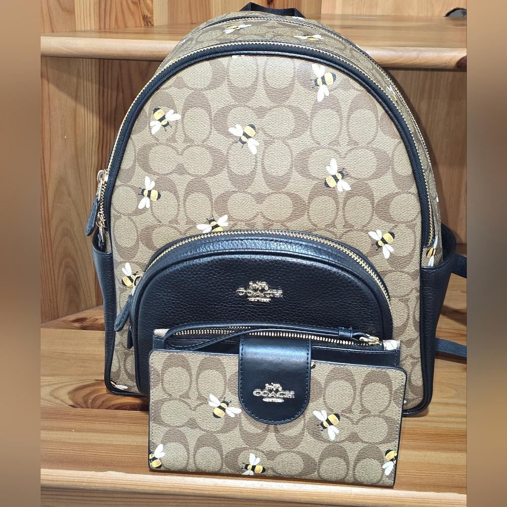 Bundle of Coach Bee Print Beige and Black Backpack with Matching Wallet